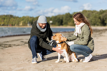 Image showing happy couple with beagle dog on autumn beach