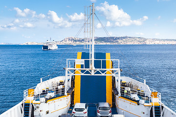 Image showing Ferry boat ship sailing between Palau and La Maddalena town, Sardinia, Italy.