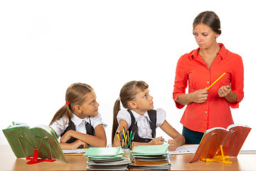 Image showing Children at their desks look at the angry teacher with fear