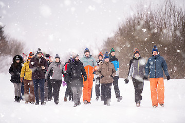 Image showing group of young people walking through beautiful winter landscape