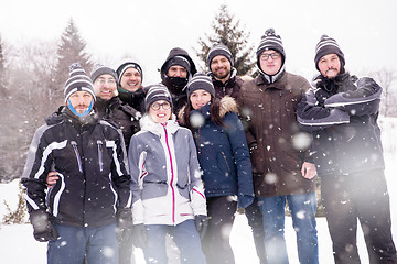 Image showing portrait of group young people in beautiful winter landscape