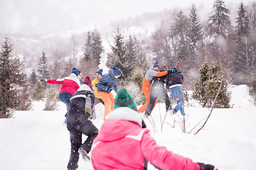 Image showing group of young people having fun in beautiful winter landscape