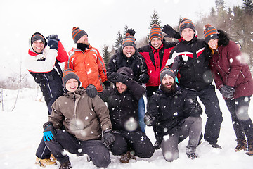 Image showing portrait of group young people in beautiful winter landscape