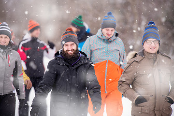 Image showing group of young people walking through beautiful winter landscape