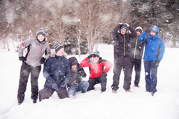 Image showing portrait of group young people in beautiful winter landscape