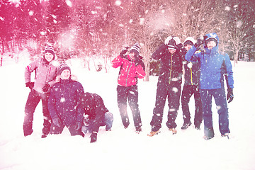 Image showing portrait of group young people in beautiful winter landscape