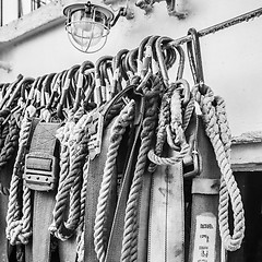 Image showing Safety belts on a sailboat, close-up. Black and white photo