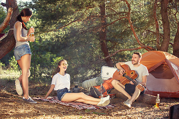 Image showing Party, camping of men and women group at forest. They relaxing, singing a song