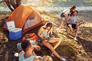 Image showing Party, camping of men and women group at forest. They relaxing, singing a song and cooking barbecue