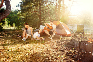 Image showing Party, camping of men and women group at forest. They relaxing, singing a song