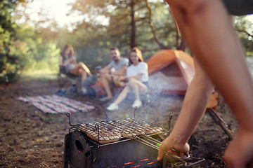 Image showing Party, camping of men and women group at forest. They relaxing, singing a song and cooking barbecue