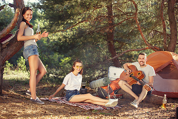 Image showing Party, camping of men and women group at forest. They relaxing, singing a song