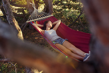 Image showing Party, camping. Woman sleeping at forest. She relaxing