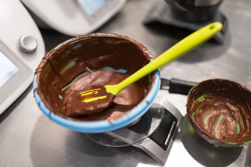 Image showing chocolate cream on kitchen scale at confectionery