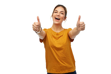 Image showing woman or teenage girl in t-shirt showing thumbs up