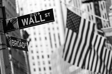 Image showing Wall street sign in New York with American flags and New York Stock Exchange background.