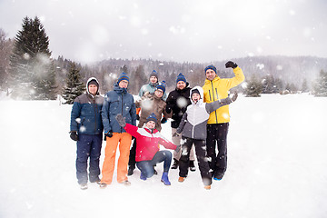 Image showing portrait of group young people in beautiful winter landscape