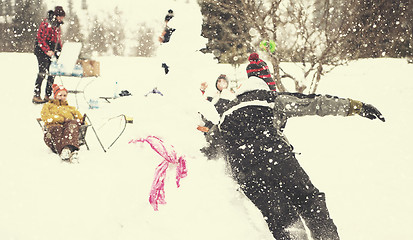 Image showing group of young people having fun in beautiful winter landscape