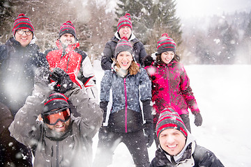 Image showing portrait of group young people in beautiful winter landscape