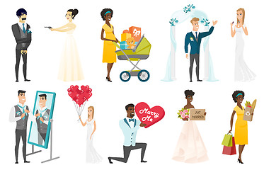 Image showing Bride and groom vector illustrations set.