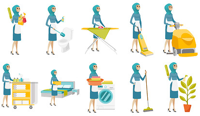Image showing Young muslim cleaner vector illustrations set.