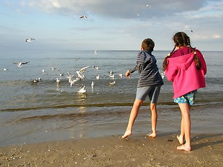 Image showing Children Feeding Gulls