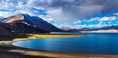 Image showing Panorama of Tso Moriri on sunset, Ladakh