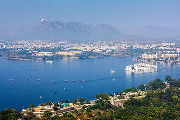 Image showing Aerial view of Lake Pichola with Lake Palace Jag Niwas and Uda