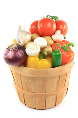 Image showing Vegetables in wooden bushel basket. 