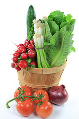 Image showing Wodden Bushel full with Vegetables for Salad. 