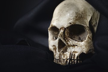 Image showing Closeup photo an old skull covered in black robe
