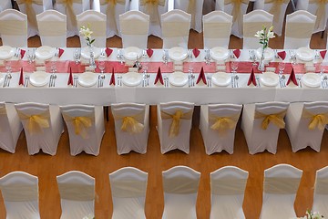 Image showing Large dining hall with tables set up