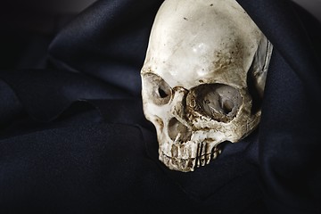 Image showing Closeup photo an old skull covered in black robe