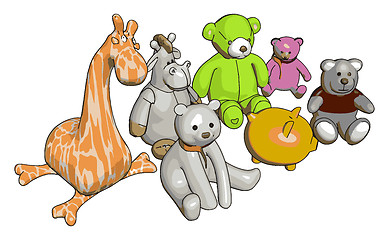 Image showing Various stuffed toy animals vector illustration on white backgro