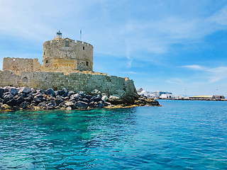 Image showing Agios Nikolaos fortress on the Mandraki harbour of Rhodes, Greec