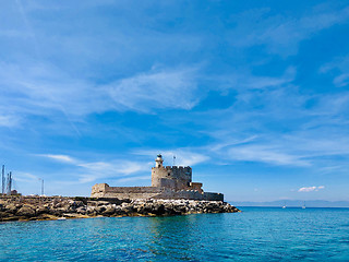 Image showing Agios Nikolaos fortress on the Mandraki harbour of Rhodes, Greec