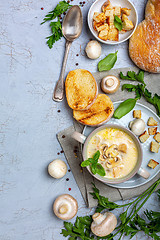 Image showing Homemade cream soup with mushrooms and chicken.