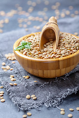 Image showing Organic brown lentils and wooden scoop in a bowl.