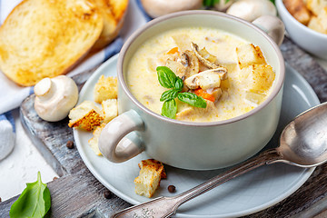 Image showing Saucepan with chicken cream soup with mushrooms.