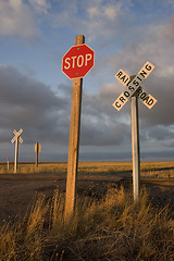 Image showing rural railroad crossing witrh a stop sign