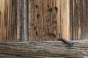 Image showing rough, weathered wood and a big, rusty nail