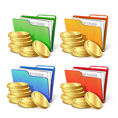 Image showing Stack of gold coins next to folder with documents