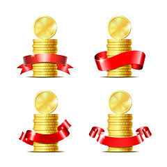 Image showing Set of Stacked of coins with red ribbon