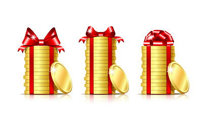 Image showing Stack of coins with red ribbon and gift bow.