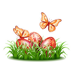 Image showing Easter background with eggs in grass