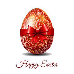 Image showing Easter card with red Easter egg tied of red ribbon