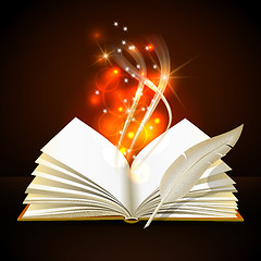 Image showing Open book with mystic bright light and feather