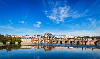 Image showing Charles bridge over Vltava river and Gradchany (Prague Castle)