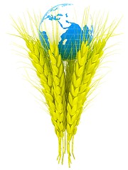 Image showing Yellow ears of wheat and Earth. Symbol that depicts prosperity, 