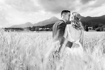 Image showing Bride and groom kissing and hugging tenderly in wheat field somewhere in Slovenian countryside.